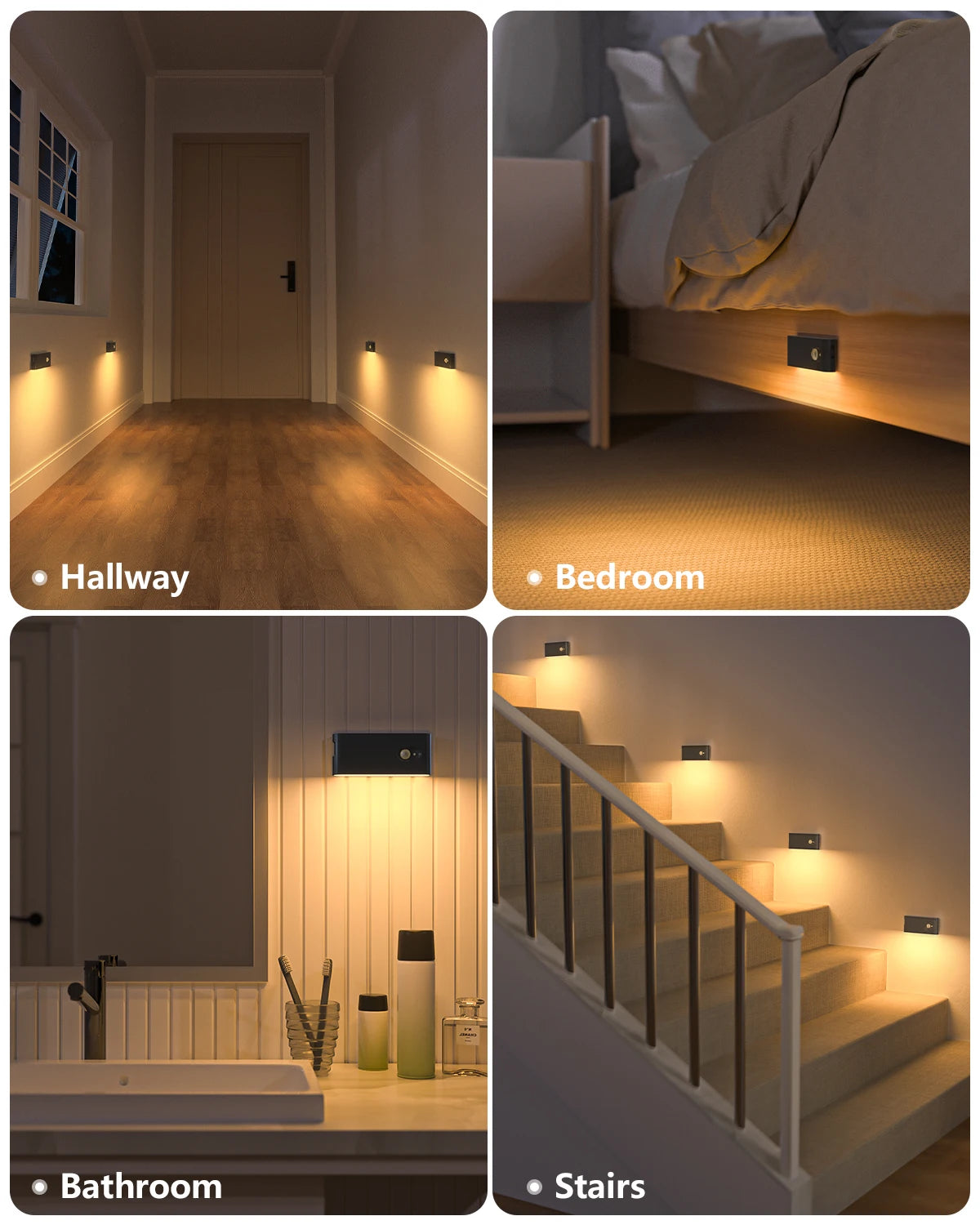 Collage of a night light in different settings including a hallway, bedroom, bathroom, and stairs.