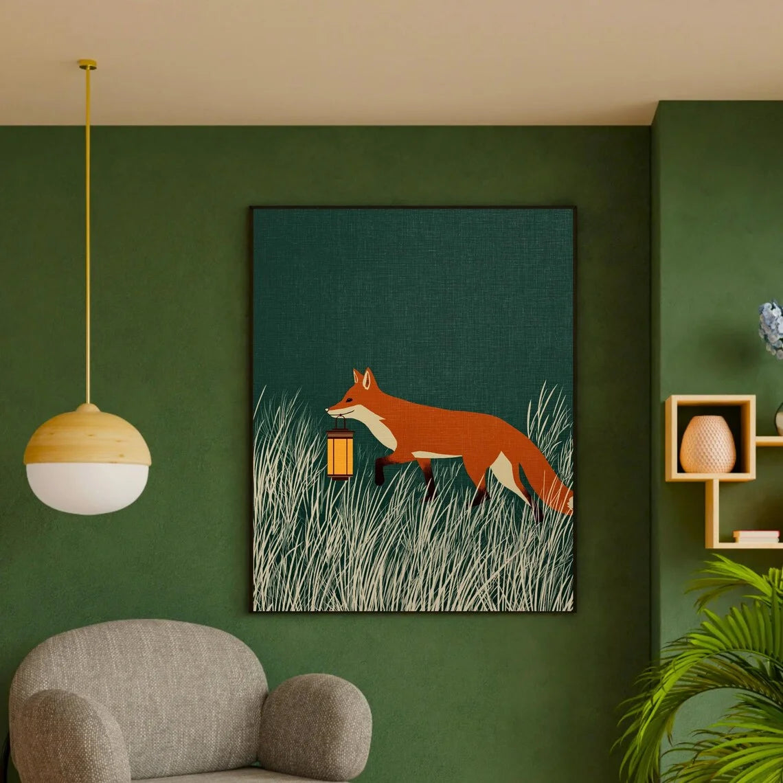 Minimalist Japanese-inspired fox art print showing an orange fox carrying a lantern through tall grass against a deep green background in a natural wood frame.