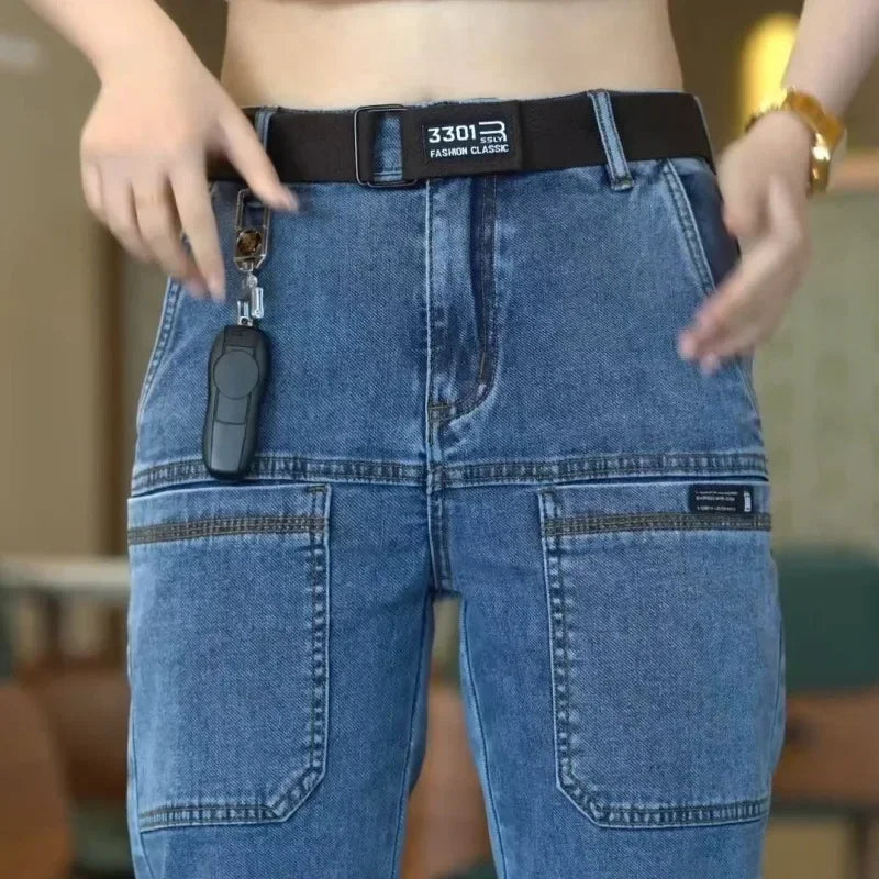 Men’s blue grey six pocket straight fit jeans with casual utility style and stretch denim fabric.