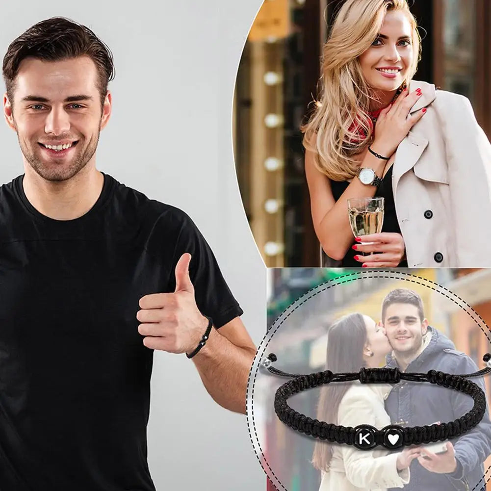 Man giving a thumbs up with a bracelet featuring initials, surrounded by images of a couple and a woman holding a drink.