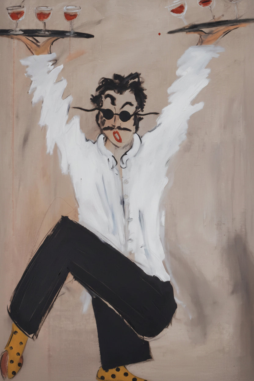 Artistic depiction of a person with angel wings and a cocktail tray, with 'Art Library Store' branding.