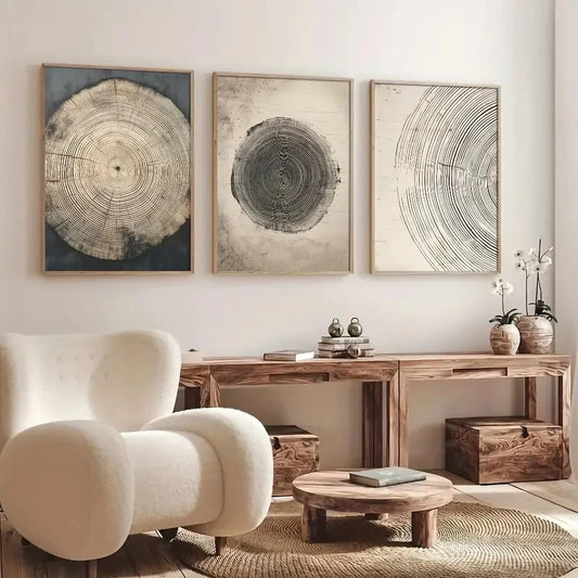 3-Piece Tree Ring Poster Art Set – Minimalist Boho Wall Decor