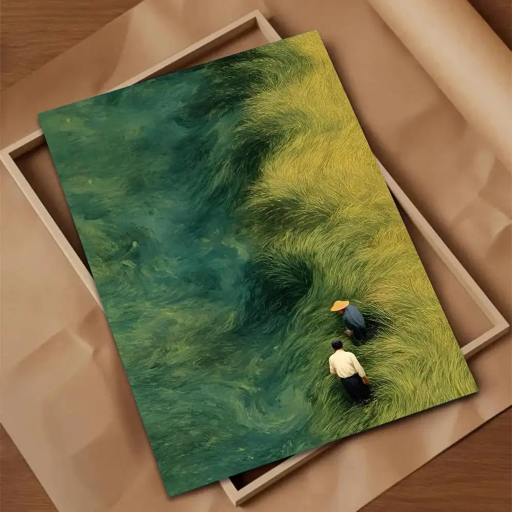 Poster of Two people walking through a grassy field with a green and yellow color scheme.