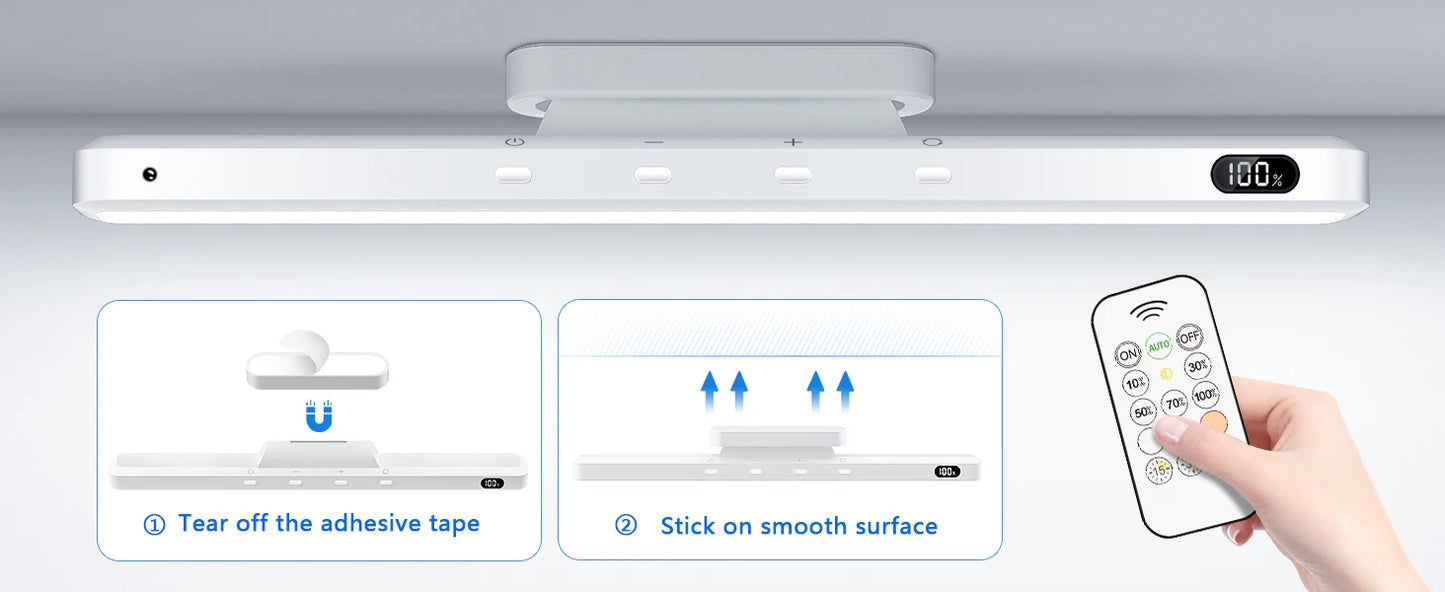 Ceiling light fixture with remote control and adhesive strip demonstration