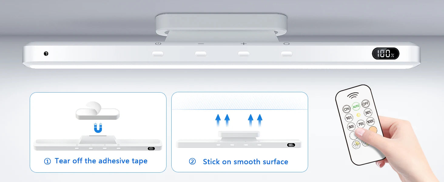 Ceiling light fixture with remote control and adhesive strip demonstration