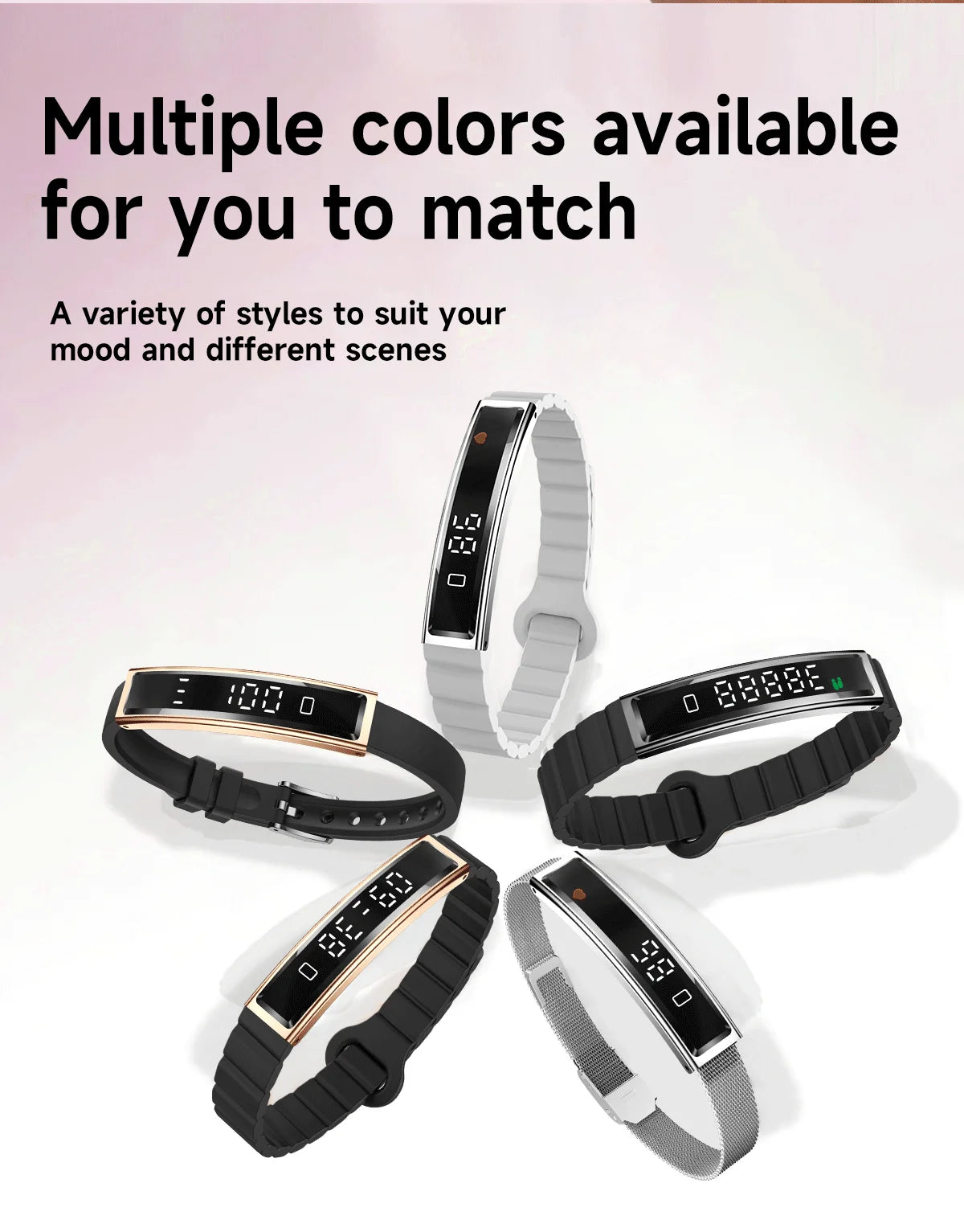 Smart fitness bracelet in gold and white, showing slim touchscreen and silicone/mesh straps.