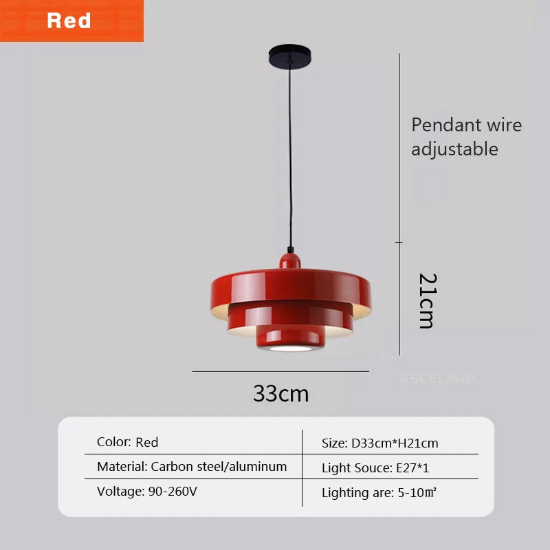 Red pendant light with adjustable wire, dimensions, and technical specifications on a gray background