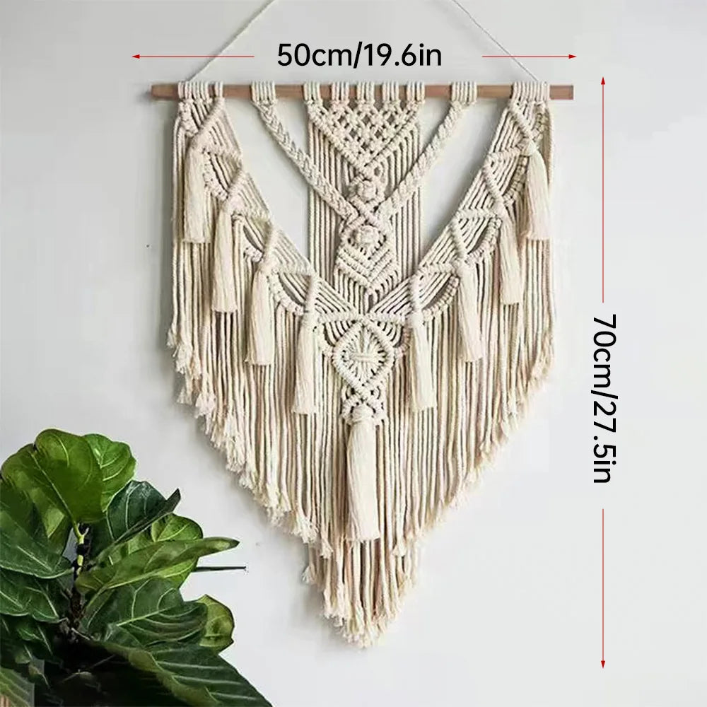 Macrame wall hanging with dimensions on a white background