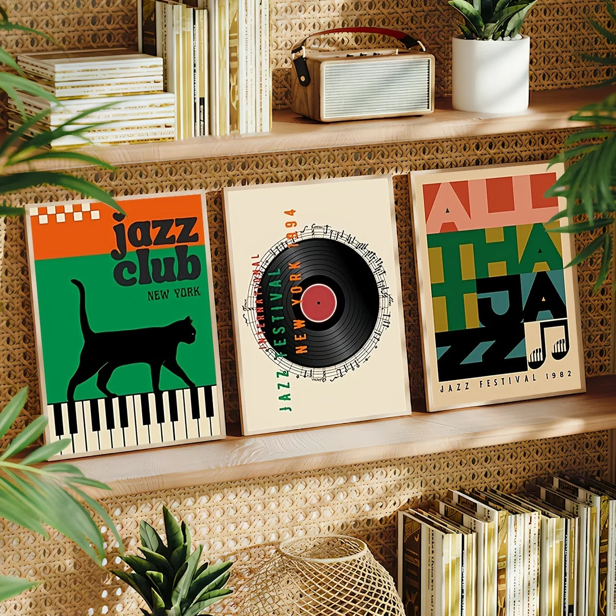 Decorative wall art with jazz-themed designs on a shelf with books and plants.