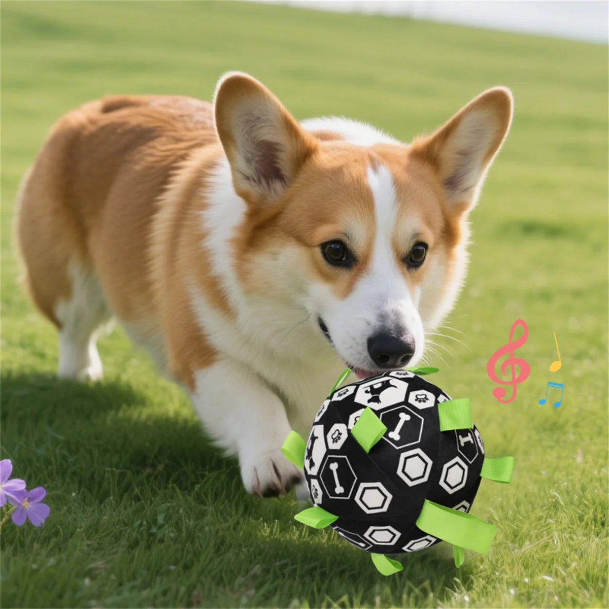 Dog playing with a black and white ball toy on grass