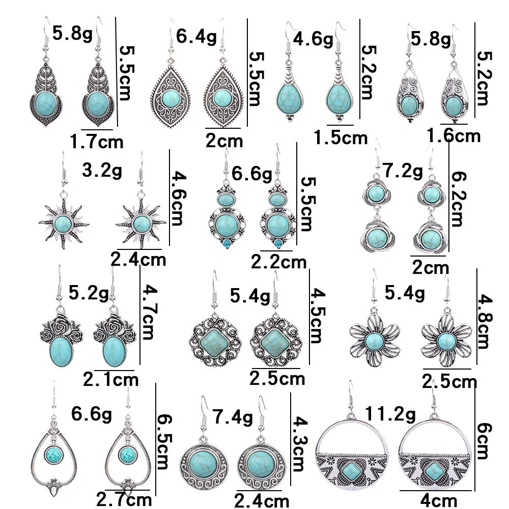 Collection of earrings with measurements on a white background