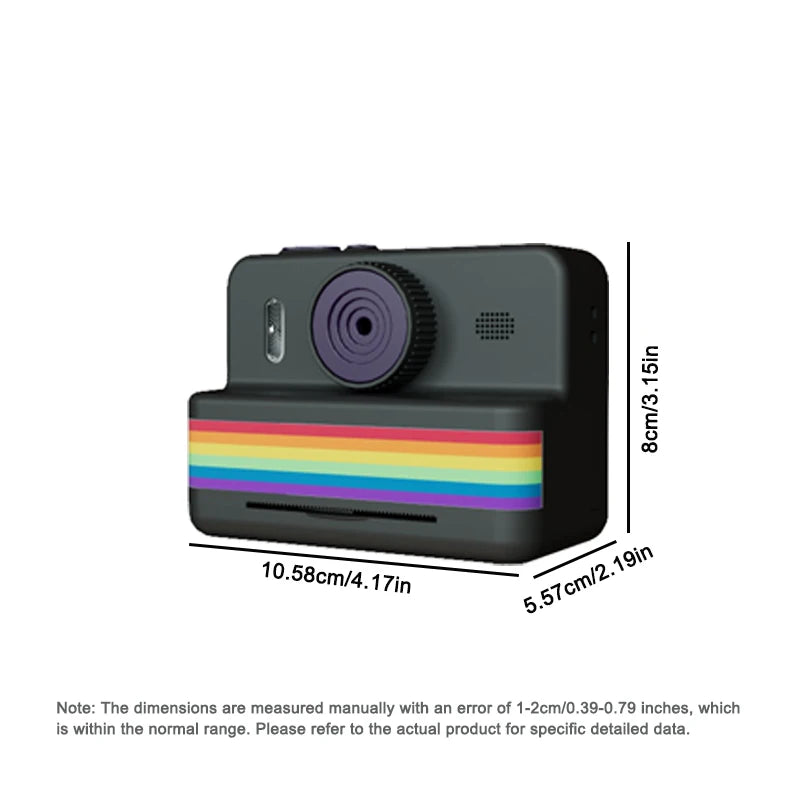 Black camera with rainbow stripe dimensions on a white background