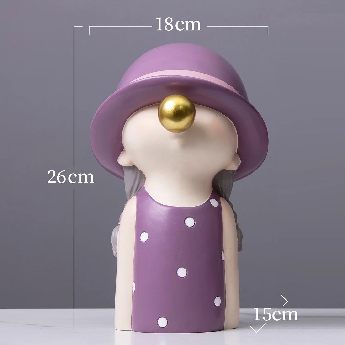 Decorative figurine with a purple hat and dress, showing measurements on a gray background