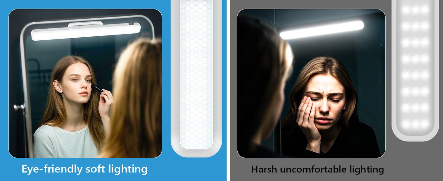 Comparison of eye-friendly soft lighting and harsh uncomfortable lighting on a mirror.