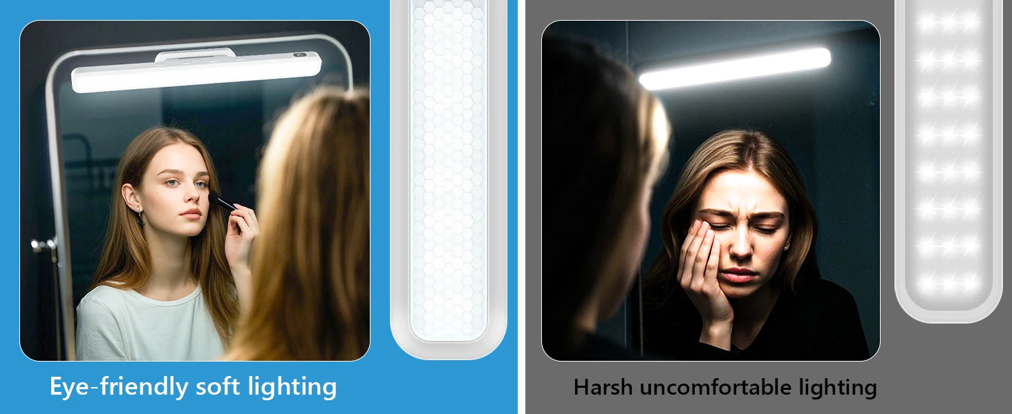 Comparison of eye-friendly soft lighting and harsh uncomfortable lighting on a mirror.