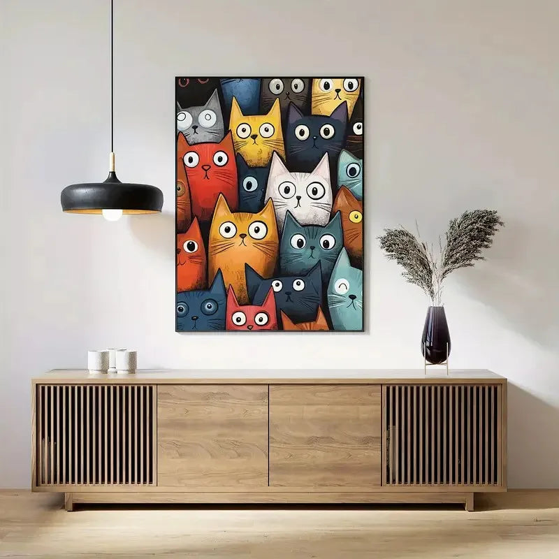Colorful cat painting on a wall above a wooden cabinet with a modern interior design.