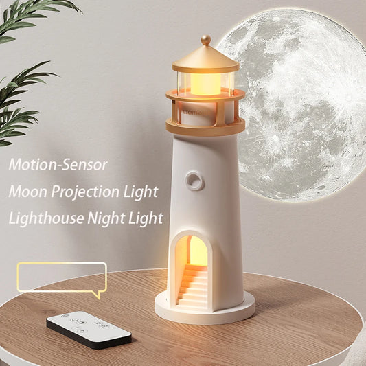 Lighthouse projection night light ambient bedside lamp white and gold design