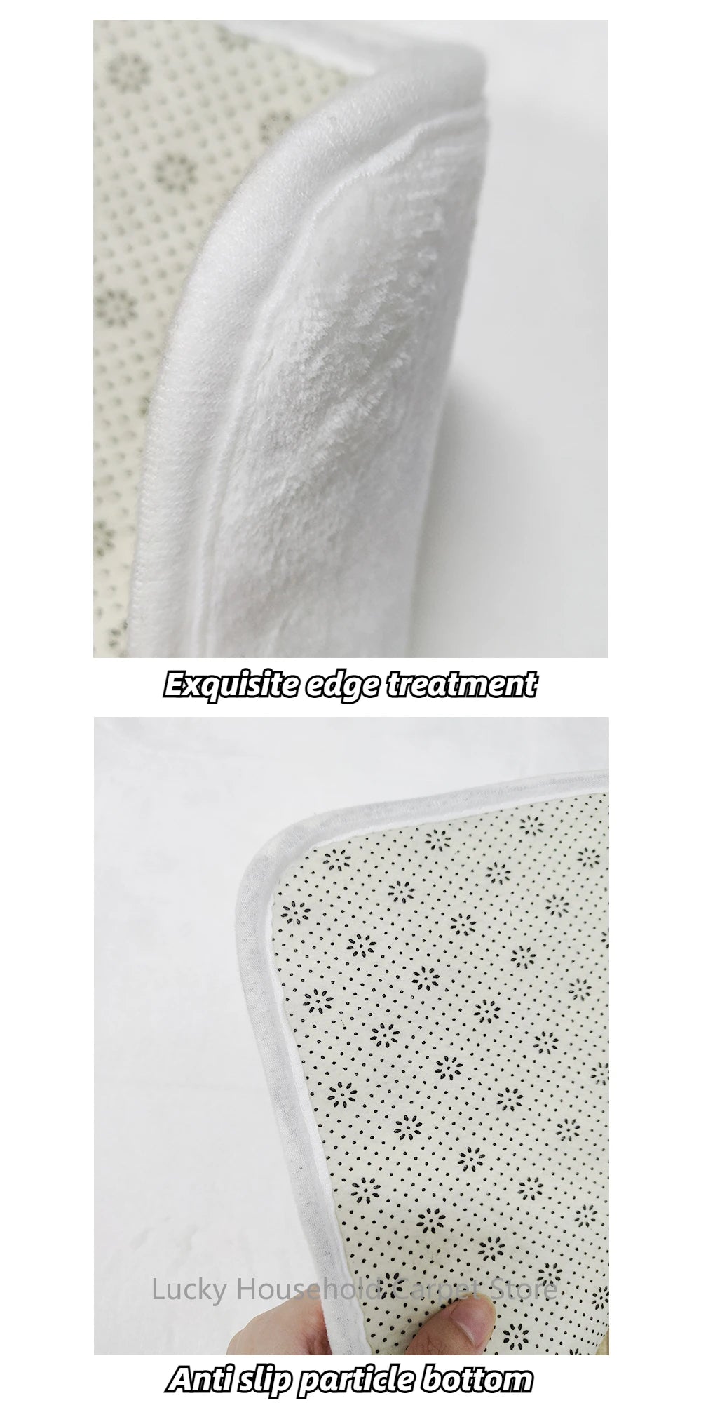 Close-up of a white pillow with floral pattern and text 'Exquisite edge treatment' and 'Antislip particle bottom' on a white background.