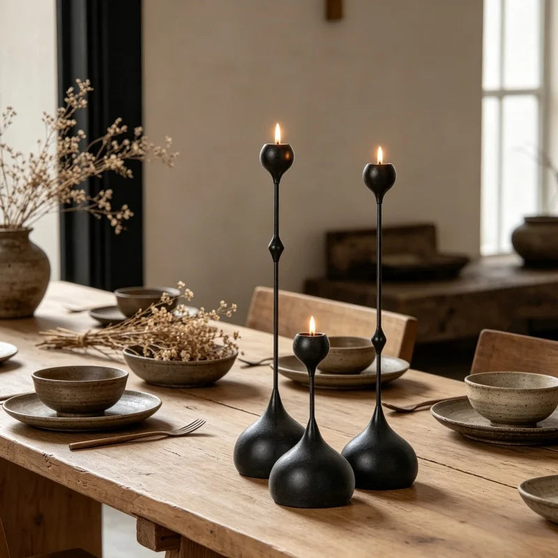 Set of three luxury waterdrop metal candle holders in silver displayed on a table with a spiral taper candle creating an elegant modern centrepiece.