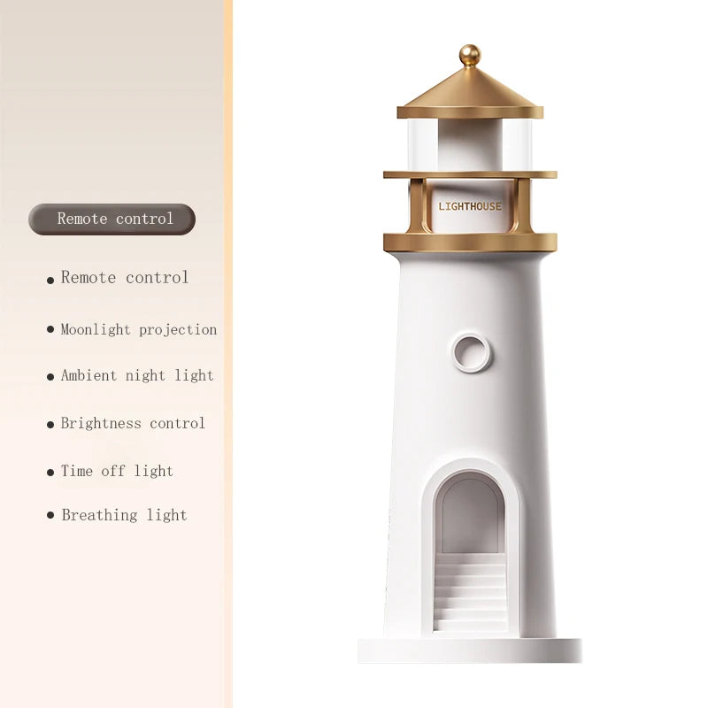 Lighthouse-shaped product with remote control features on a white background