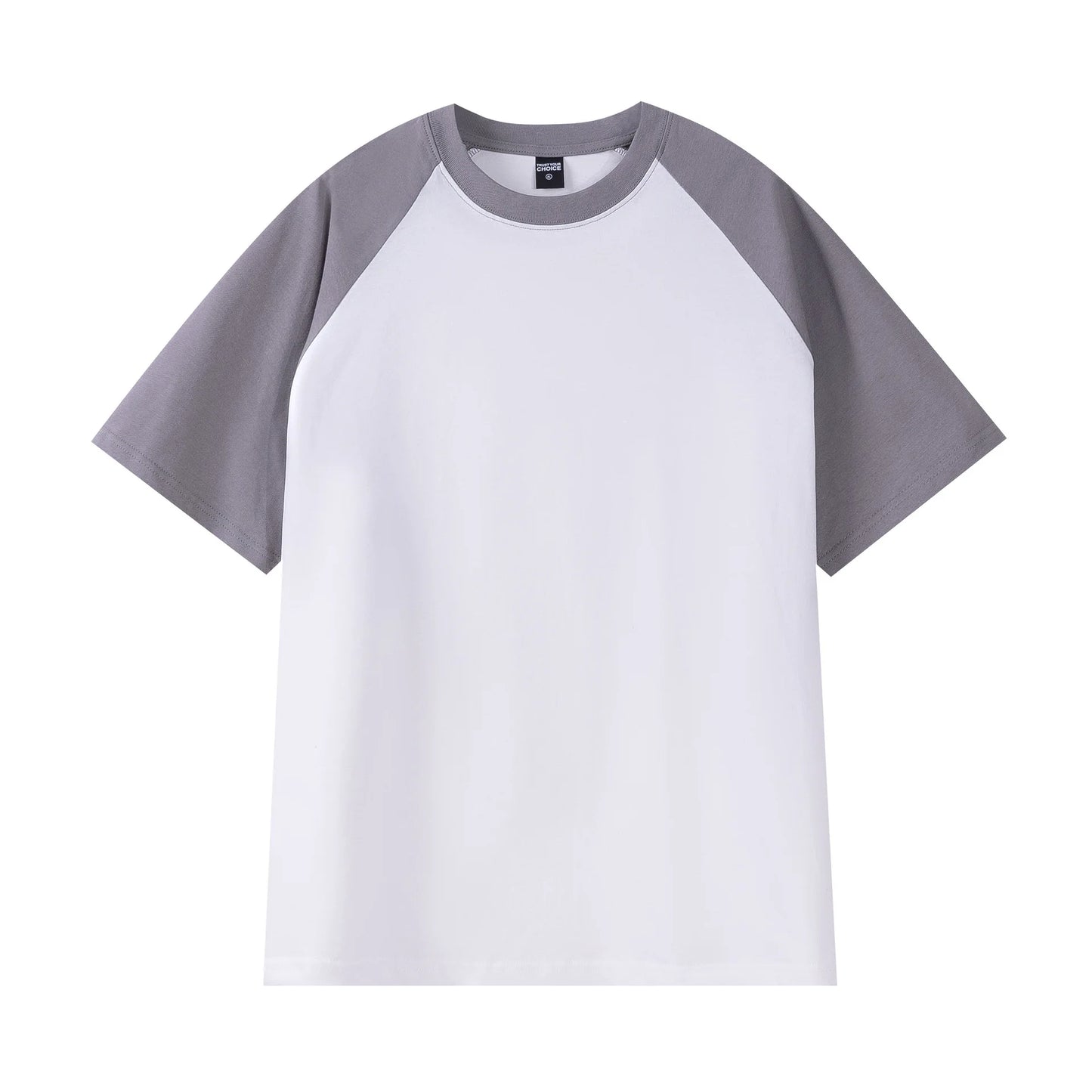 White t-shirt with gray sleeves on a white background