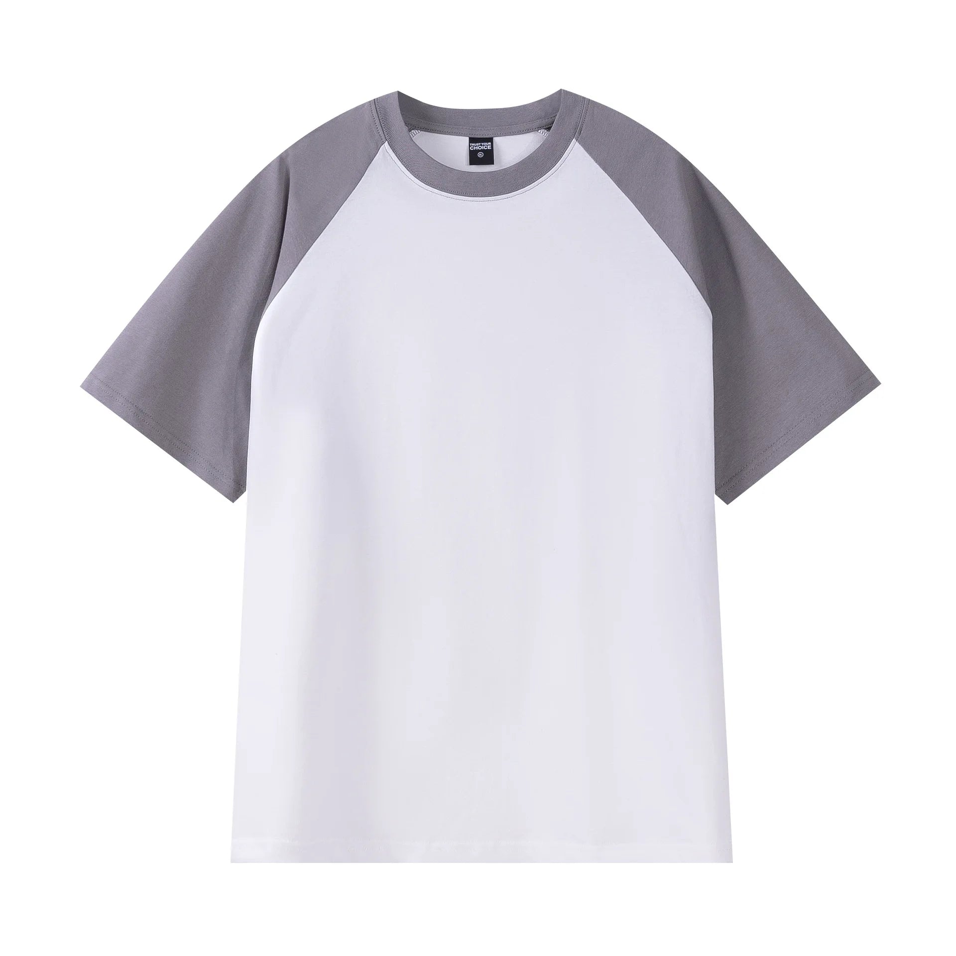 White t-shirt with gray sleeves on a white background