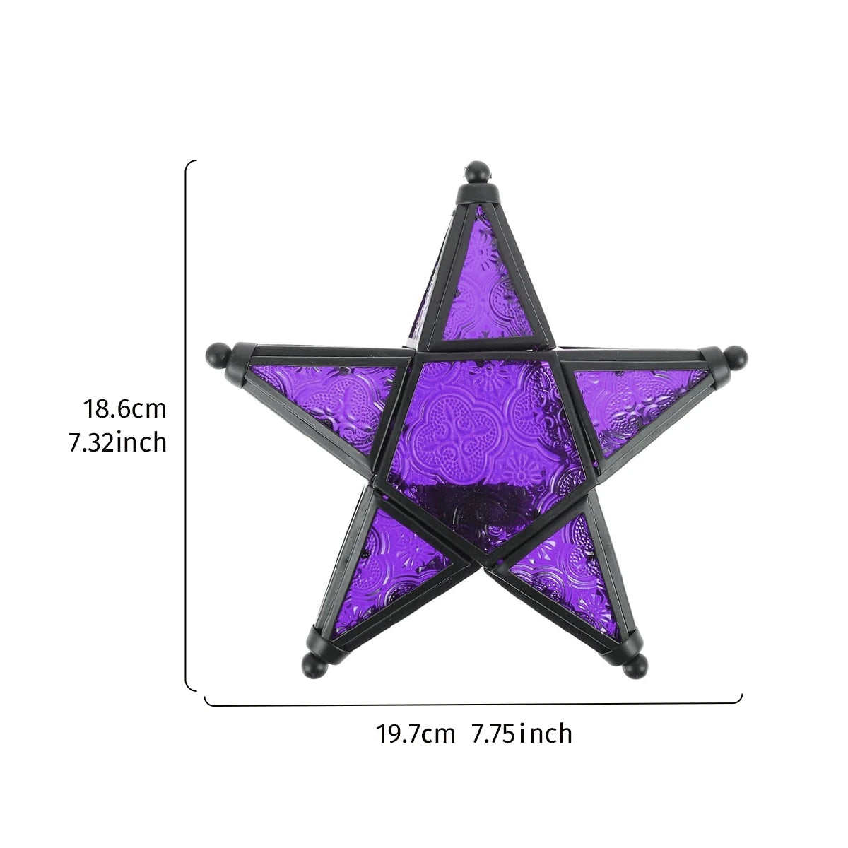 Dimensions for a purple stained glass five-point star candle holder with a black metal frame and hanging chain, designed for decorative home lighting.