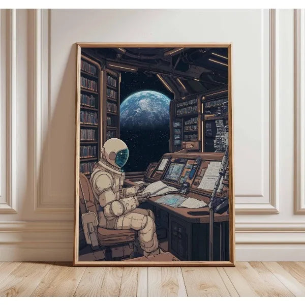 Framed artwork of an astronaut in a space station with Earth view, on a wall.