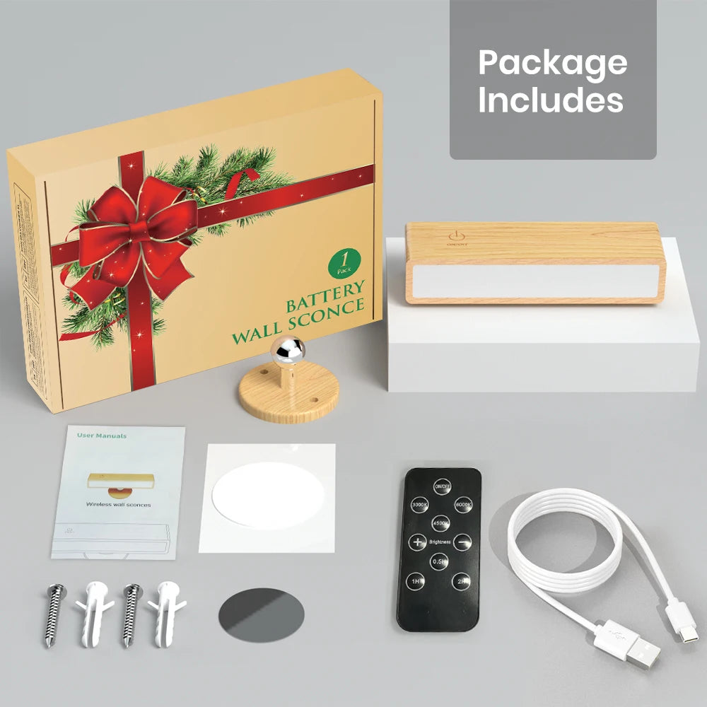 Battery wall sconce packaging with components on a gray background