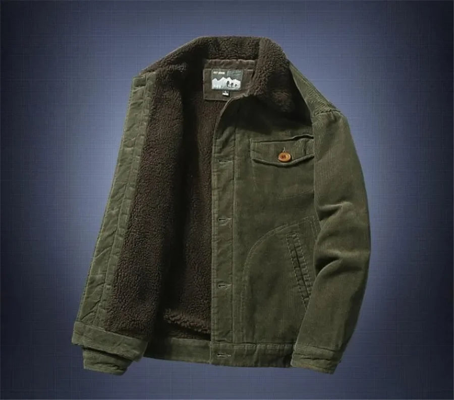 Green jacket with dark green fleece lining on a blue background