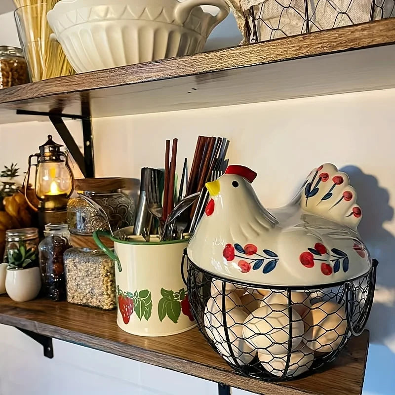 Decorative chicken-shaped cookie jar on a wooden shelf with kitchen items.