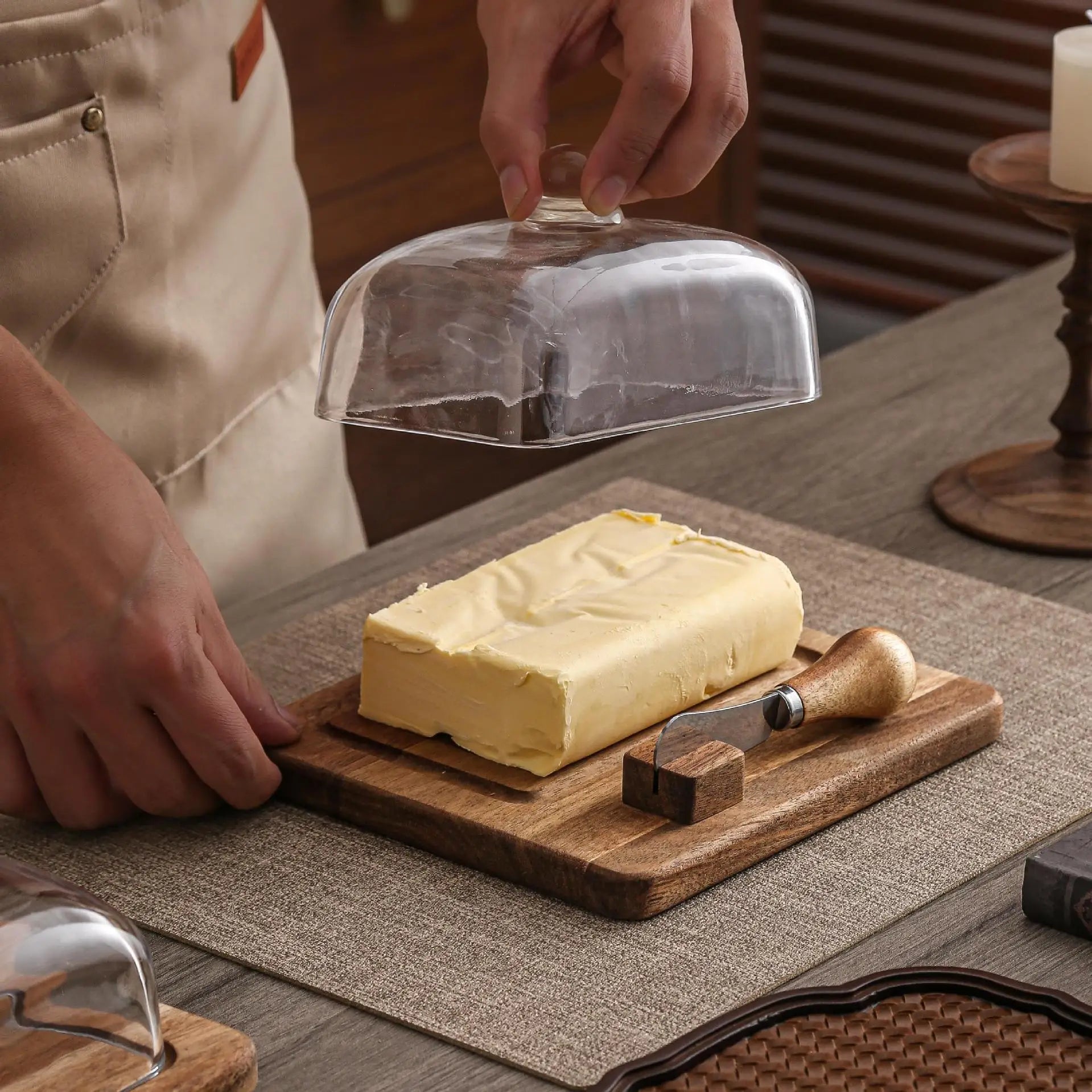 Acacia wood butter dish with clear glass dome and serving knife