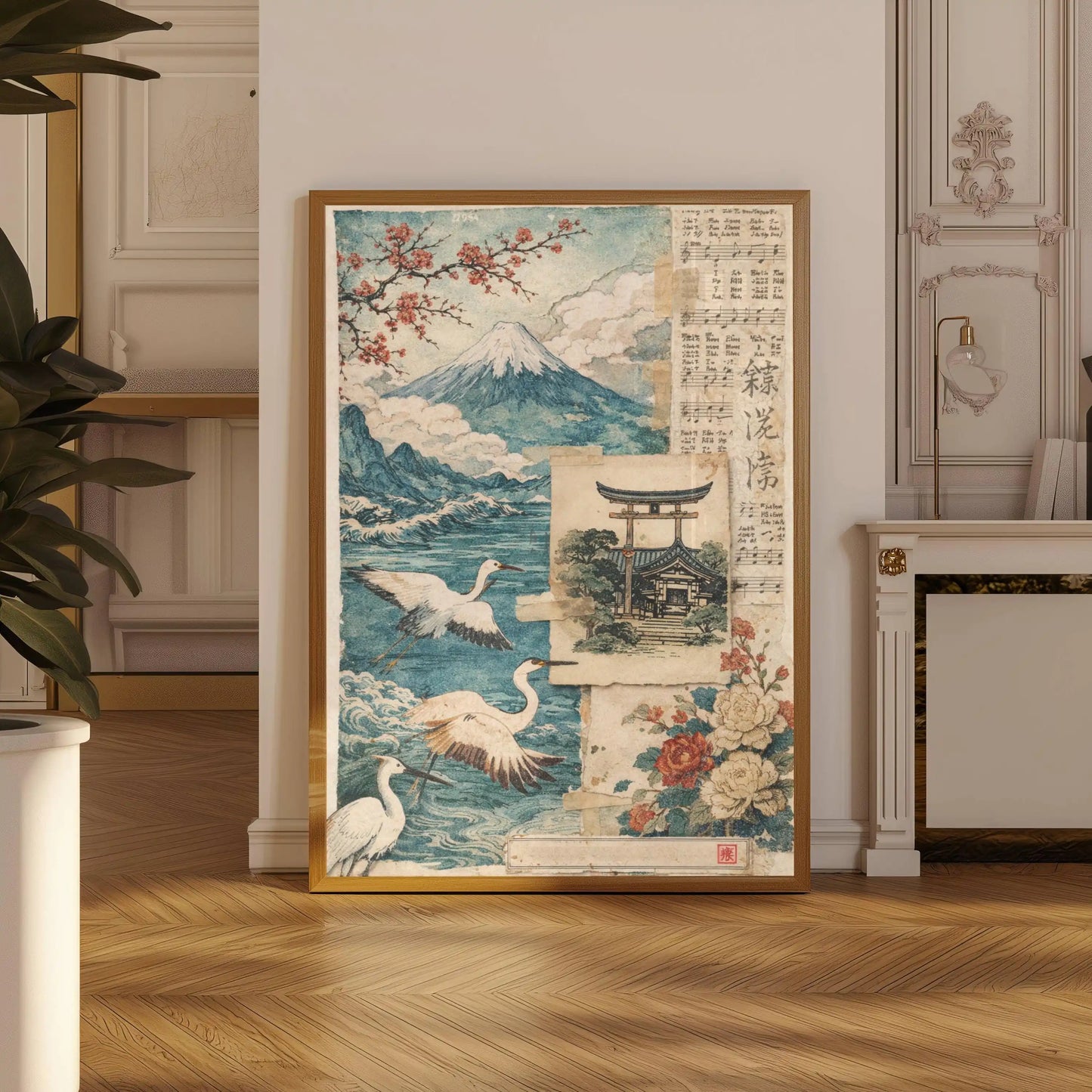Decorative wall art with Japanese-inspired design featuring mountains, cherry blossoms, and cranes in a room with wooden flooring.