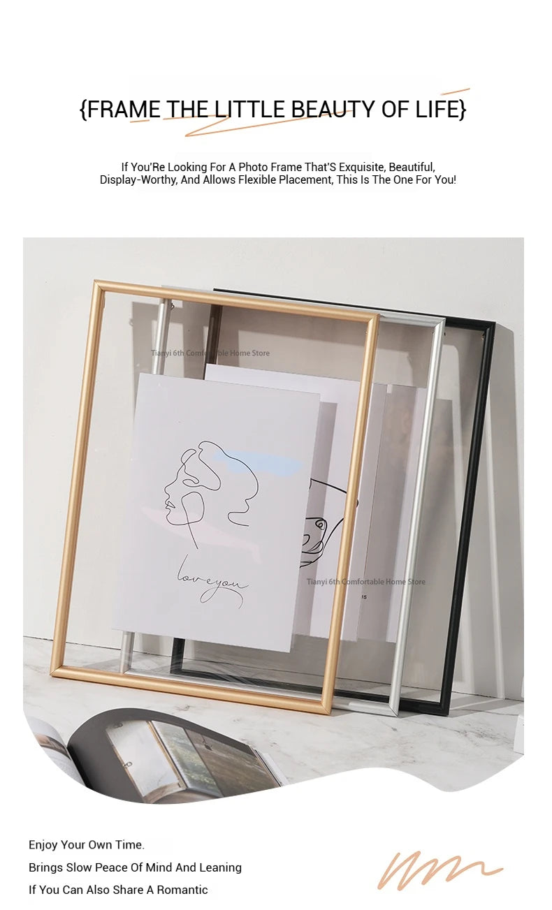 Gold and black photo frames on a white surface with text about frame design.