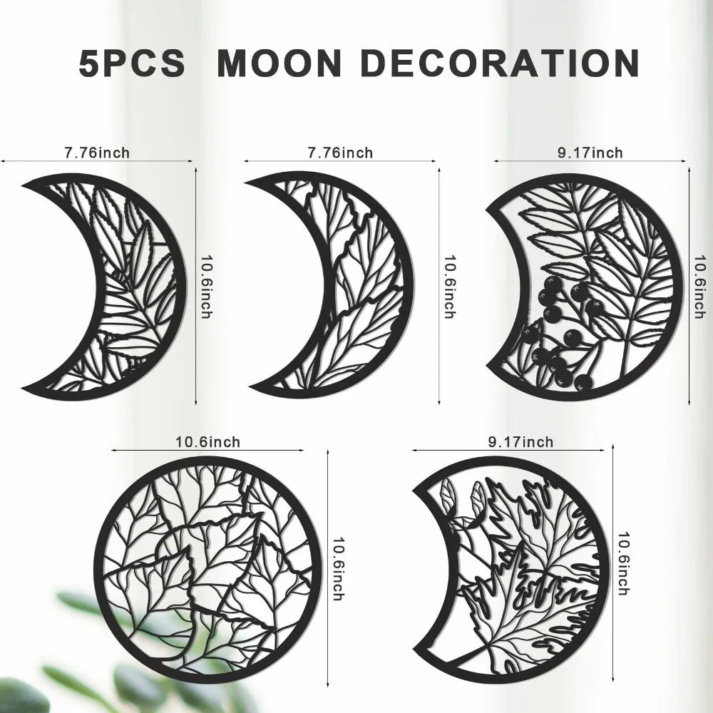 Set of 5 moon-shaped decorations with leaf patterns and measurements on a white background