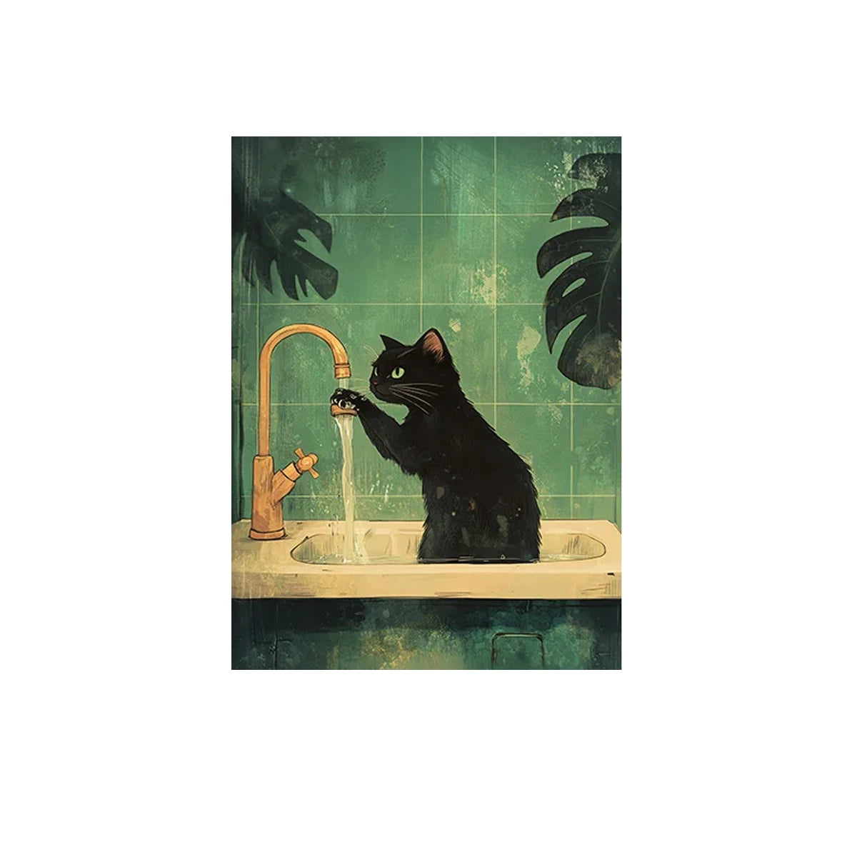 Illustration of a black cat drinking water from a faucet with a green tiled wall background.