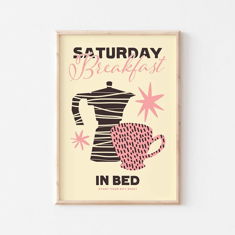 Framed print with coffee pot and mug illustration and text on a light background