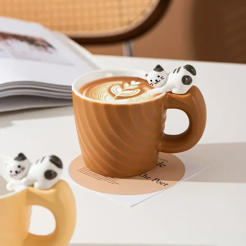 Brown mug with cat-shaped handle on a table with a newspaper in the background