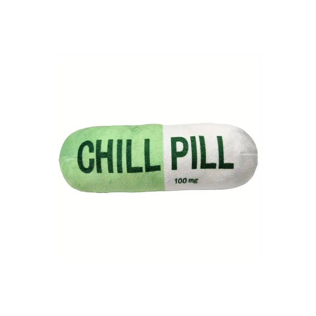 Toy resembling a capsule labeled 'Chill Pill' on a white background
