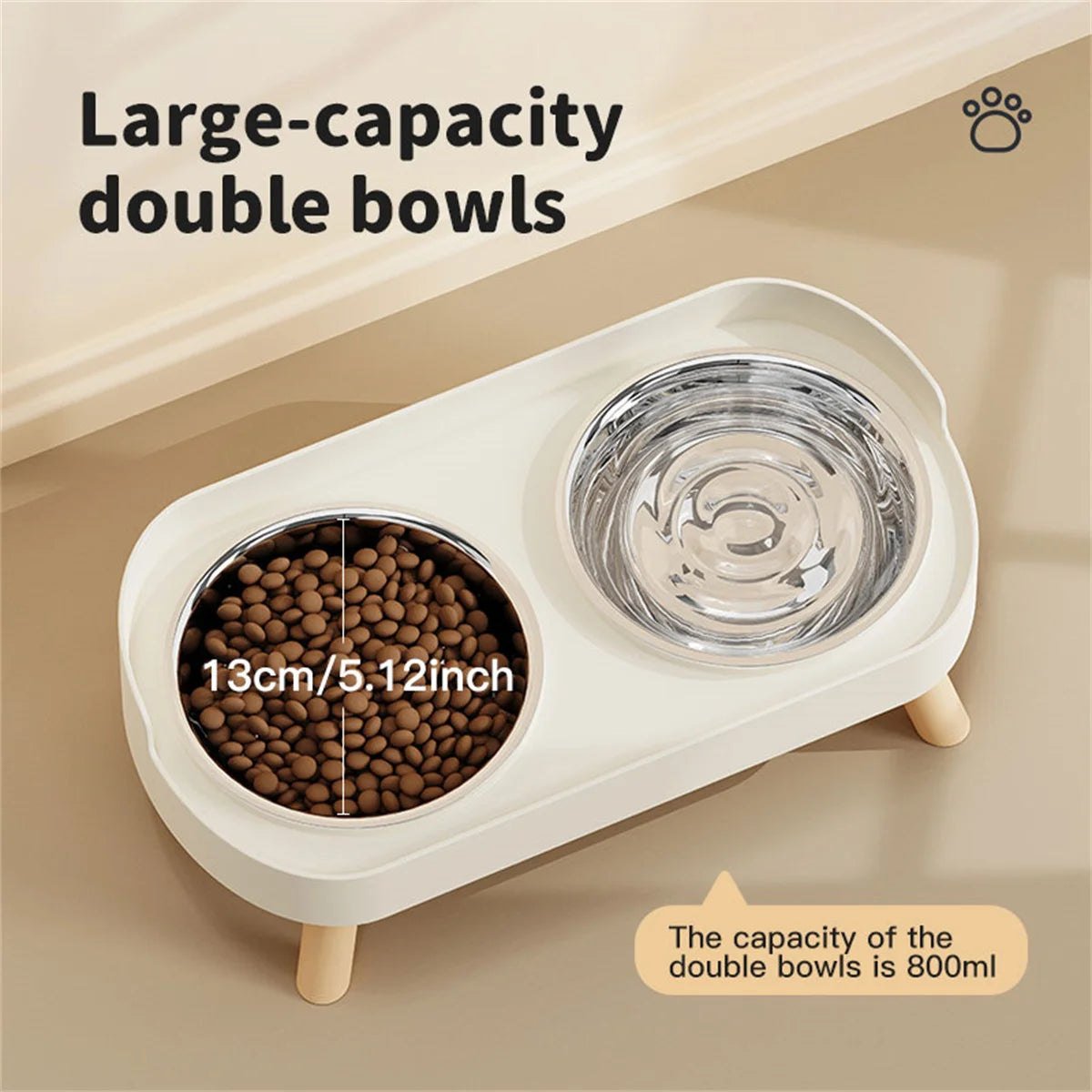 Pet feeding station with two bowls on a beige background