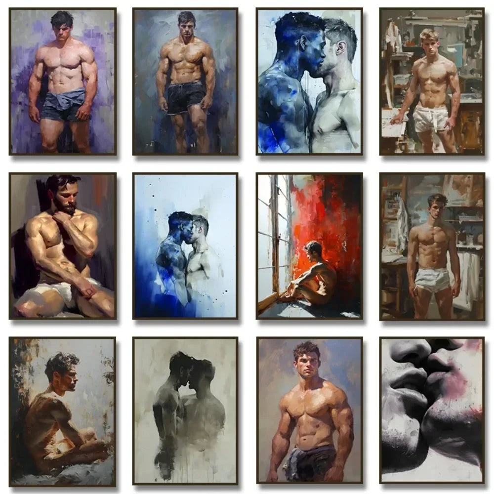 Artistic figurative male portrait posters in oil-style canvas prints featuring emotional poses and modern colour tones