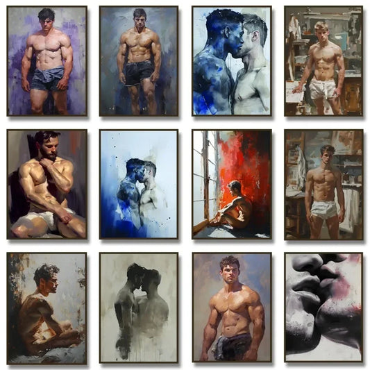 Artistic figurative male portrait posters in oil-style canvas prints featuring emotional poses and modern colour tones