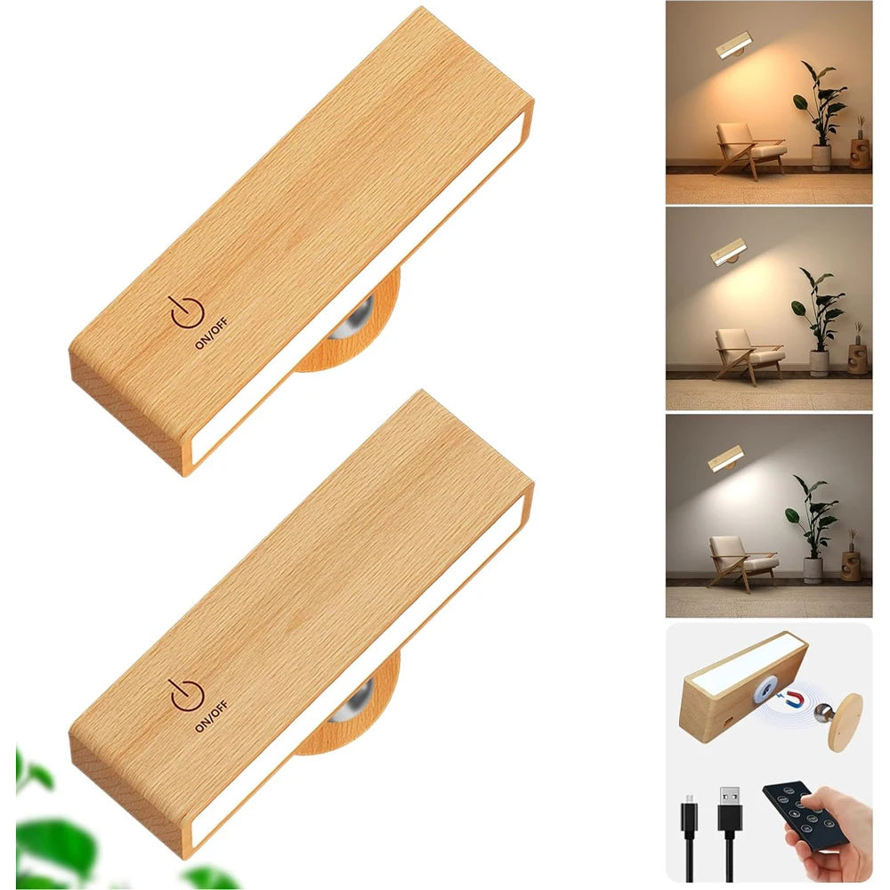 Rechargeable wooden LED wall light with touch control and magnetic mount.