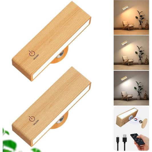 Rechargeable wooden LED wall light with touch control and magnetic mount.