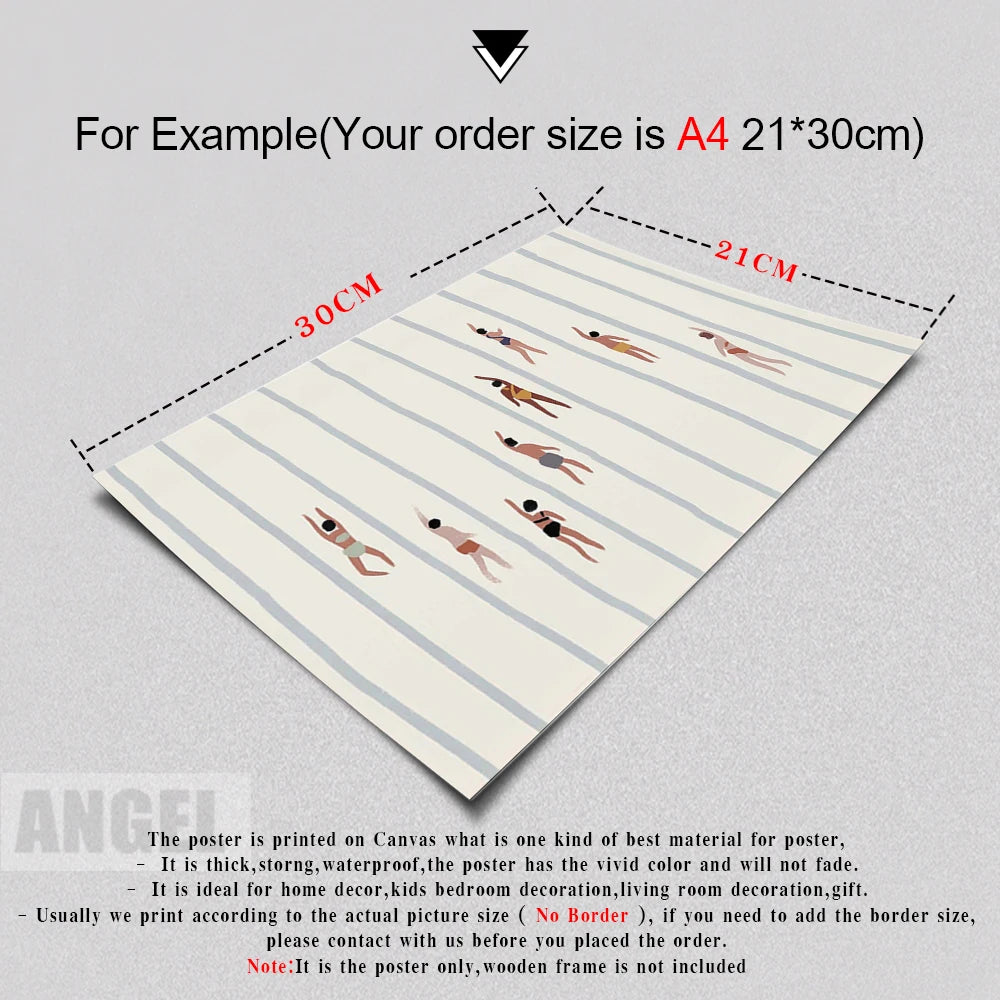 Canvas print with swimmers design and dimensions on a gray background