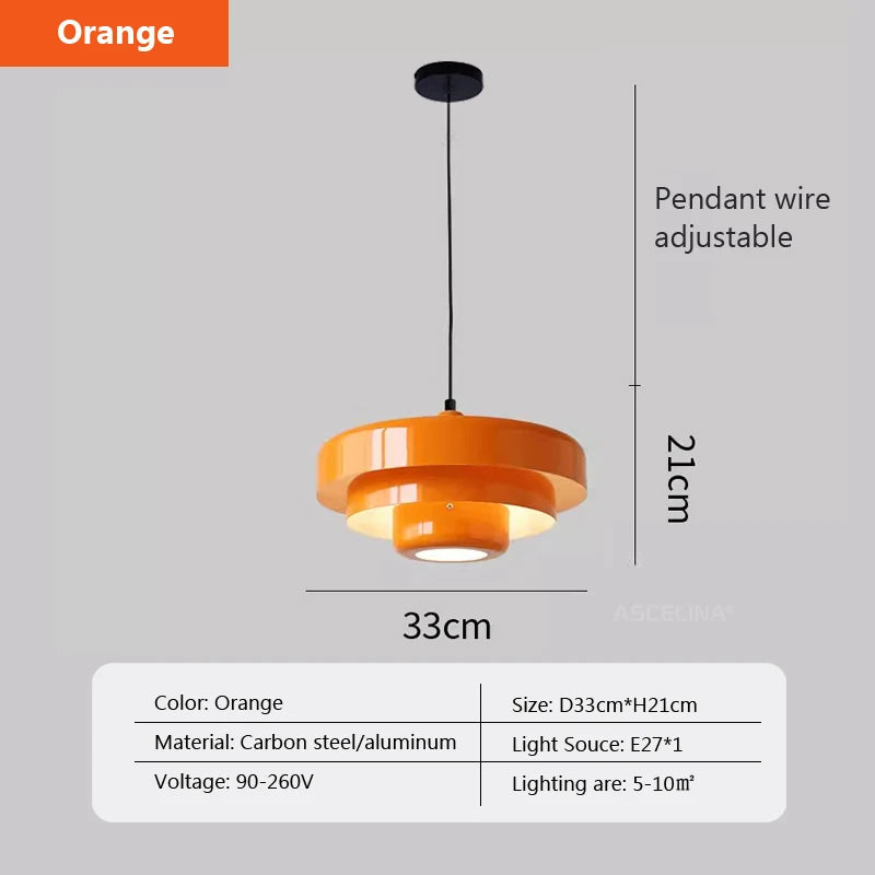 Orange pendant light with adjustable wire on a gray background