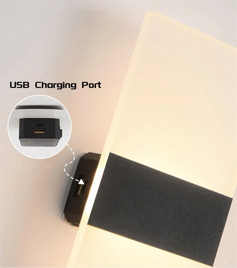 Wall-mounted light fixture with USB charging port on a white background