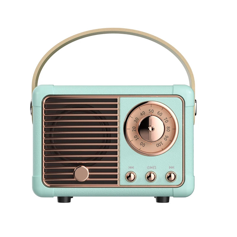 Vintage-style radio with turquoise casing and rose gold accents on a white background