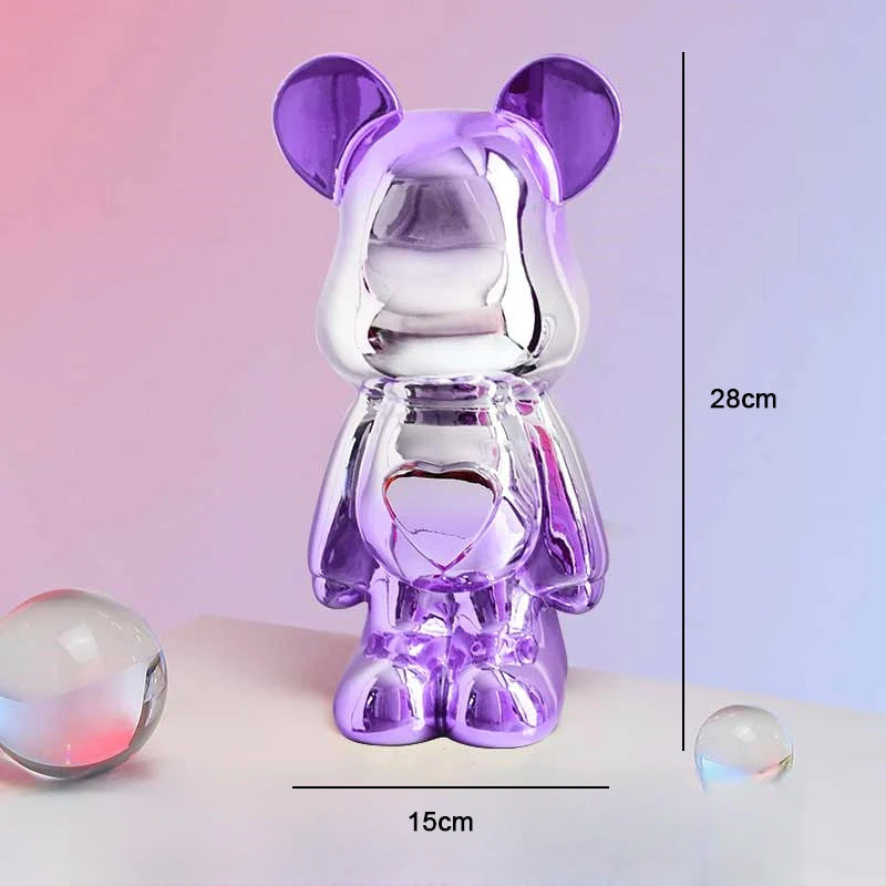 Purple and clear bear-shaped object with measurement details on a gradient background