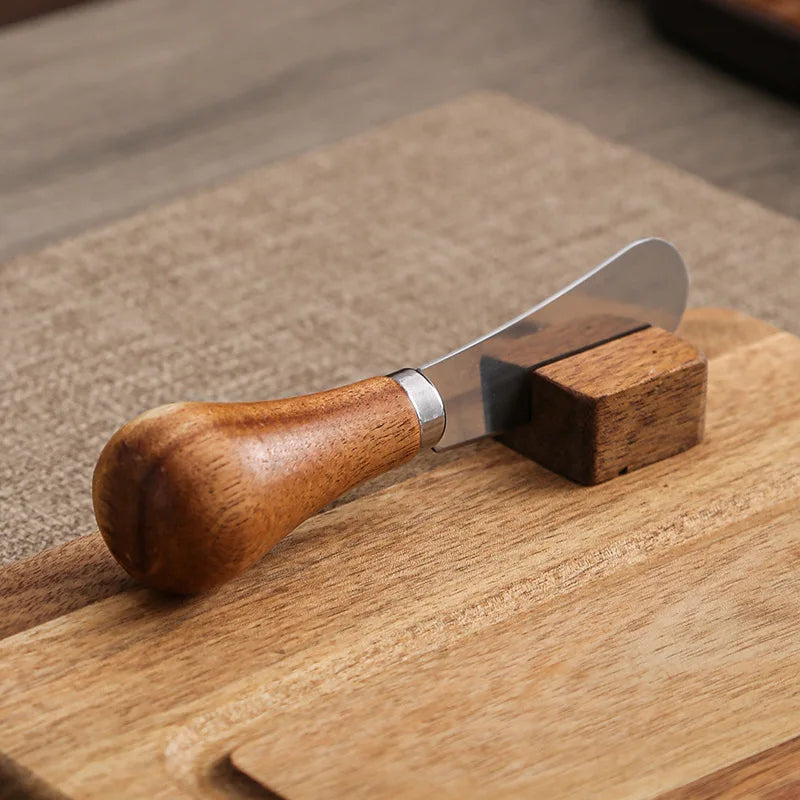 Acacia wood butter dish with clear glass dome and serving knife